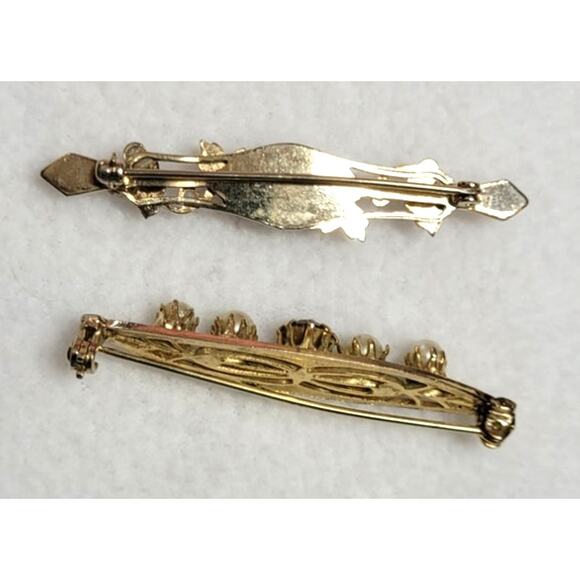 Vintage Victorian Style Bar Brooch Pin 2 Pc Lot Faux Pearls Purple Rhinestone - Picture 5 of 5